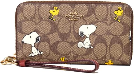 Leather Long Zip Wallet – Snoopy & Woodstock Print Wristlet, Khaki Multi | Coach CE705