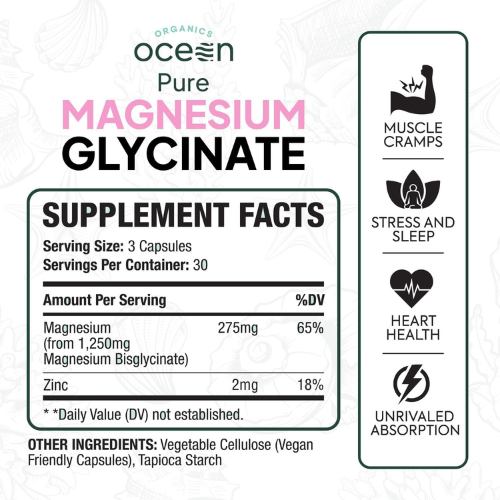 Magnesium Glycinate with Zinc Capsules – Chelated Magnesium for Relaxation, Muscle & Sleep Support (90 Count) | Ocean Pure